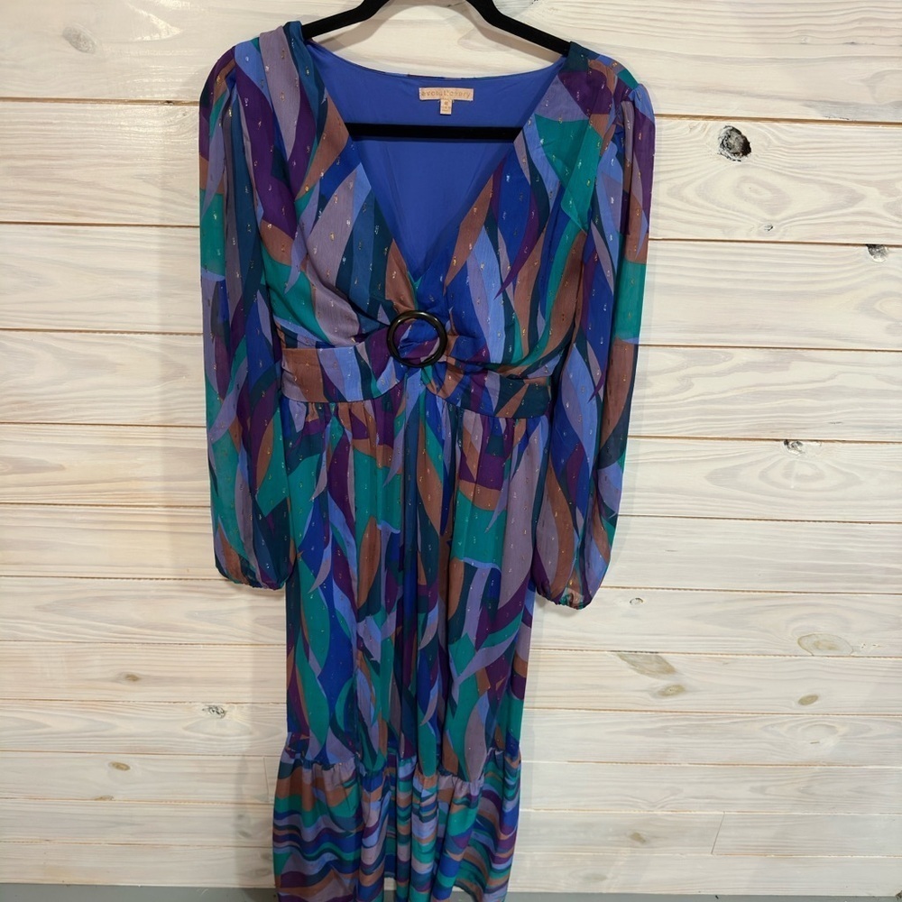 Blue and Green Long Sleeve Sundress with V-Neck - Picture 4 of 8